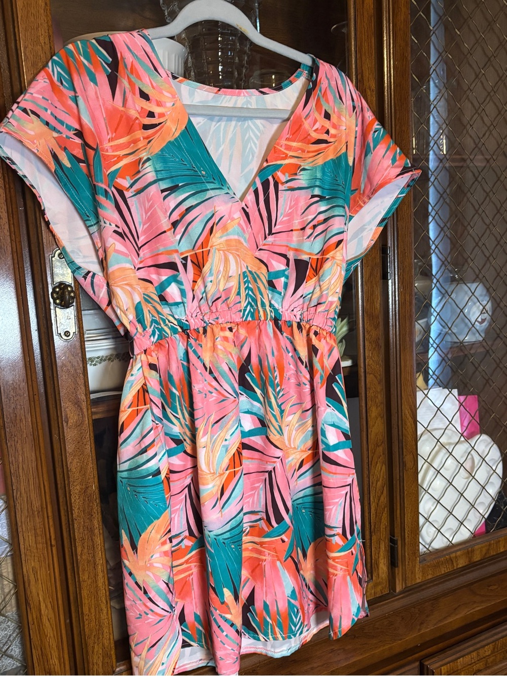 Tropical Palm Print V-Neck Dress in Coral & Teal